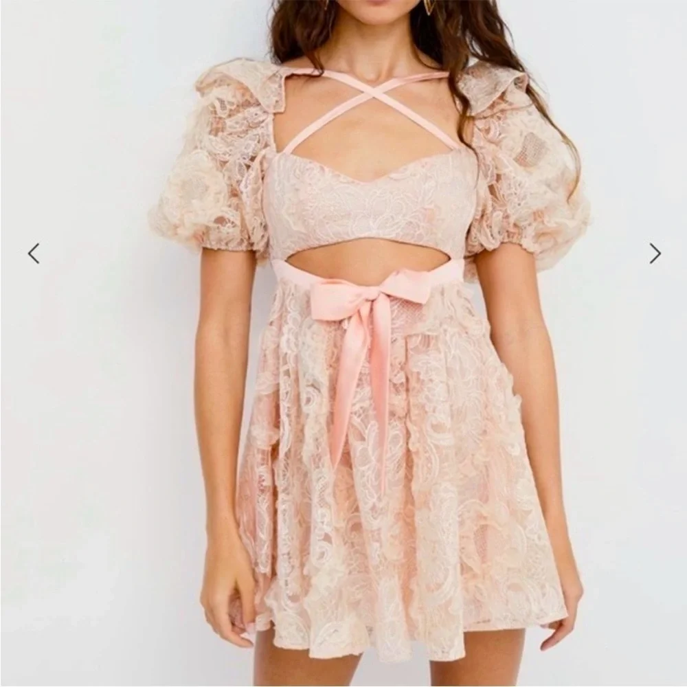 For Love & Lemons Meredith Embroidered Strappy Lace Puff Sleeve Mini Dress - Picture 2 of 15